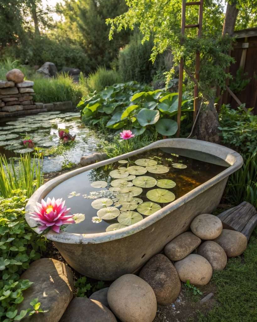 Bassin de jardin récupéré à partir d'une vieille baignoire.