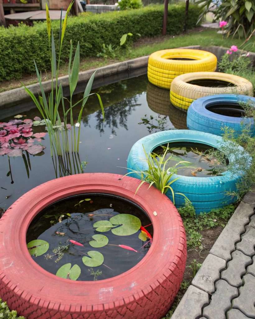 Bassin de jardin récupéré avec des pneus.