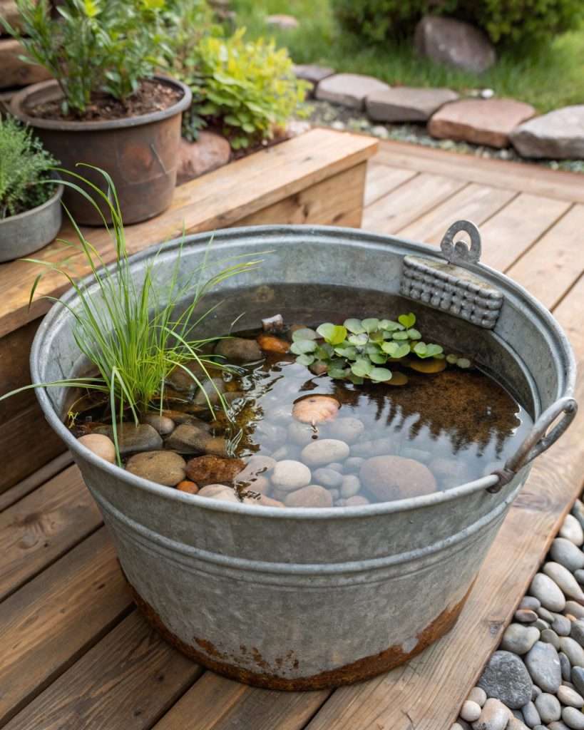 Bassin de jardin dans un vieux seau en métal.
