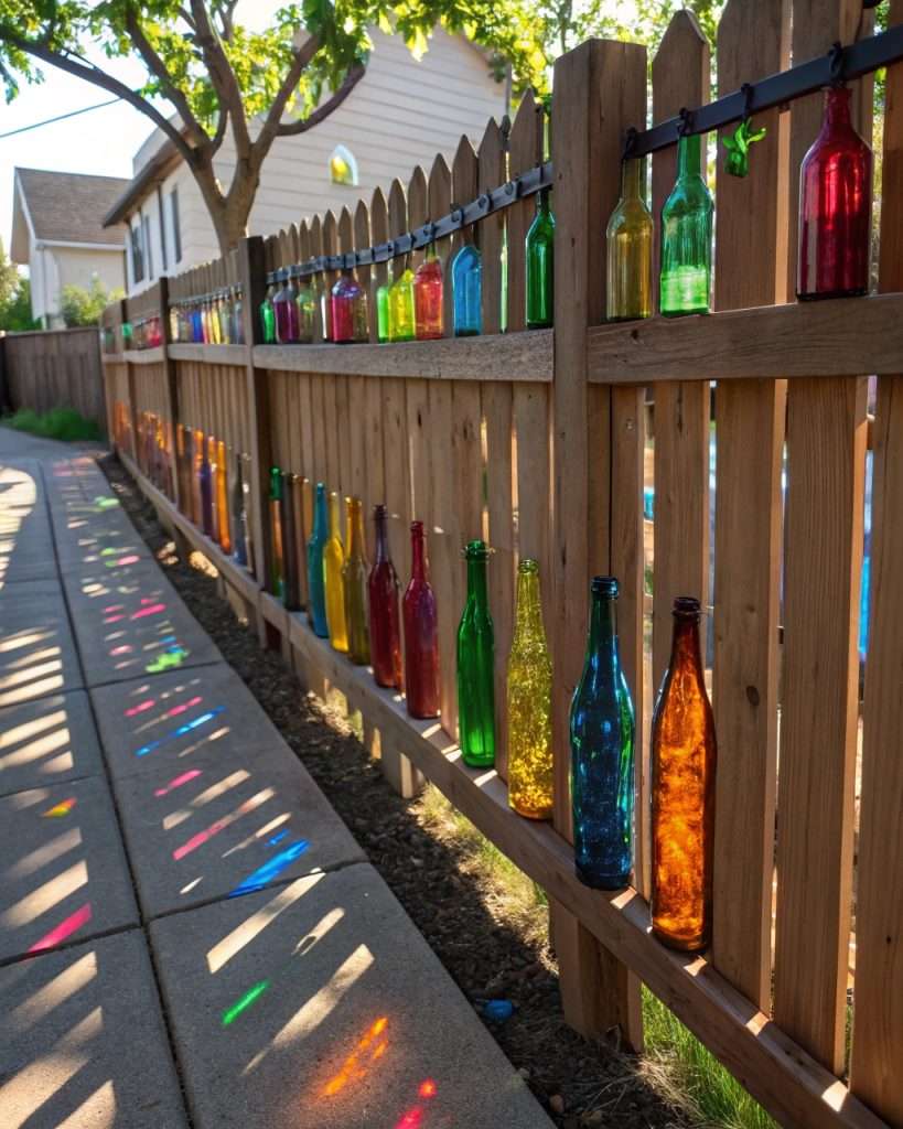 Clôture décorée de bouteilles en verre colorées, créant un effet vitrail ensoleillé.