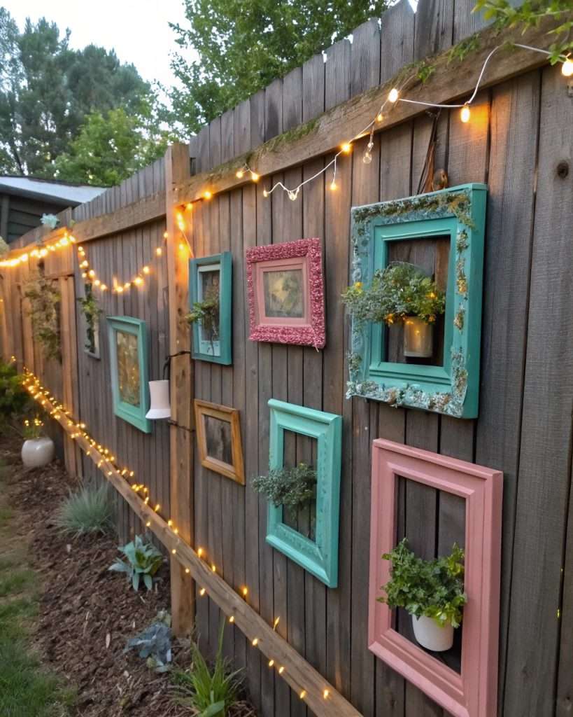 Clôture ornée de cadres colorés et de petites plantes, apportant une touche artistique.