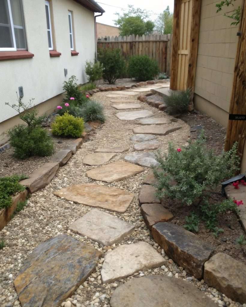 Chemin en pierre naturelle dans une petite cour.