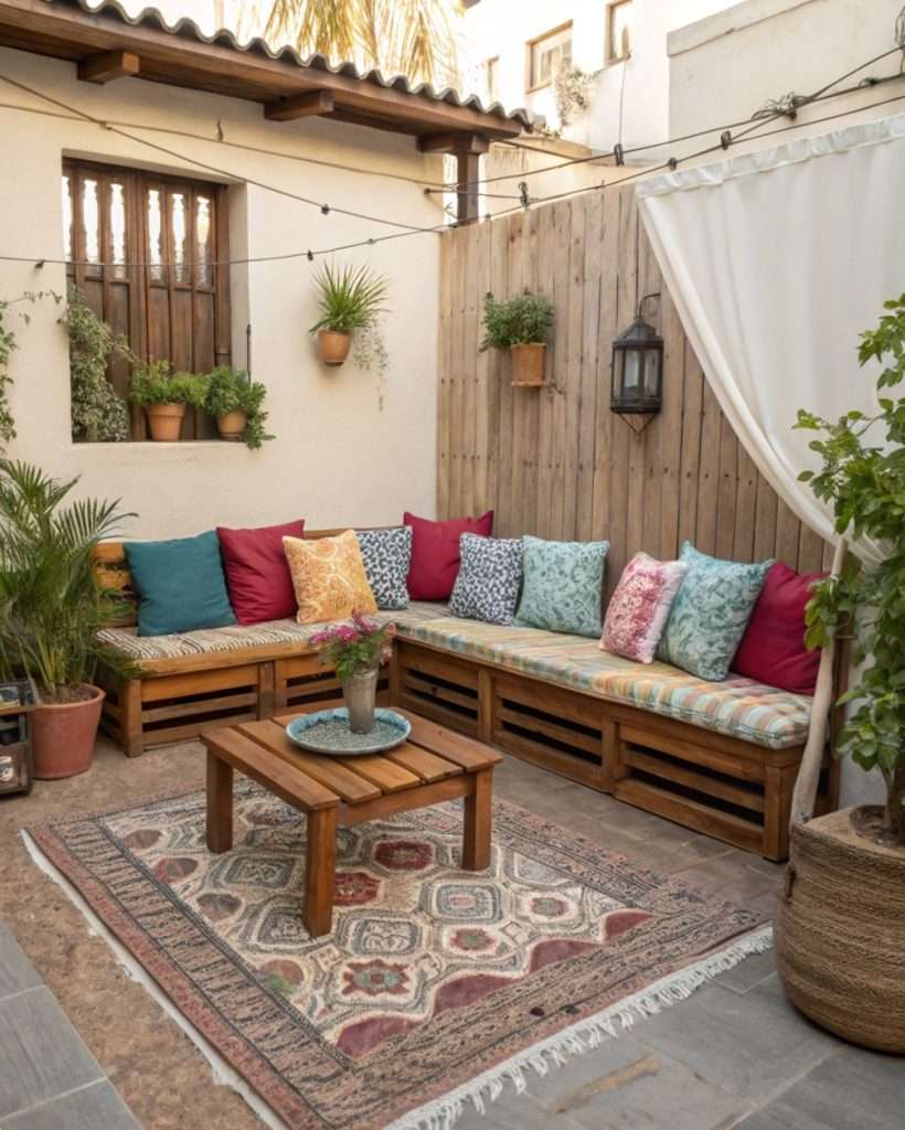 Coin détente avec coussins et tapis dans une petite cour.