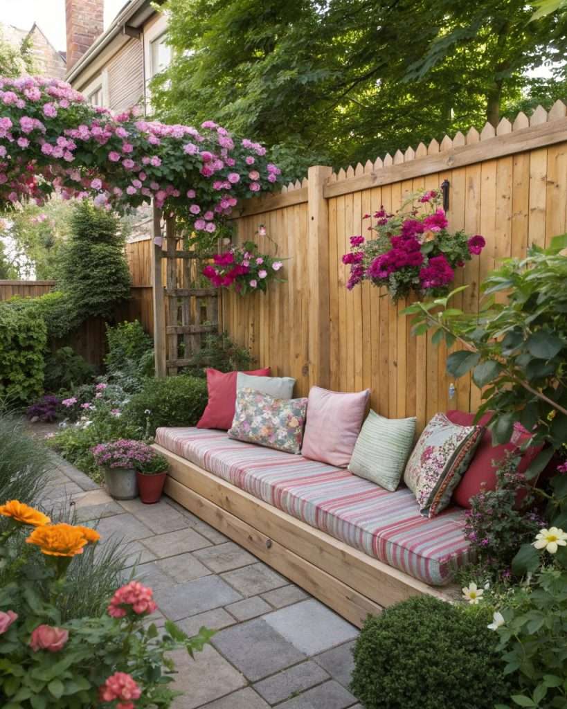 Coussins d'extérieur colorés accrochés à une clôture, créant un coin détente cosy.