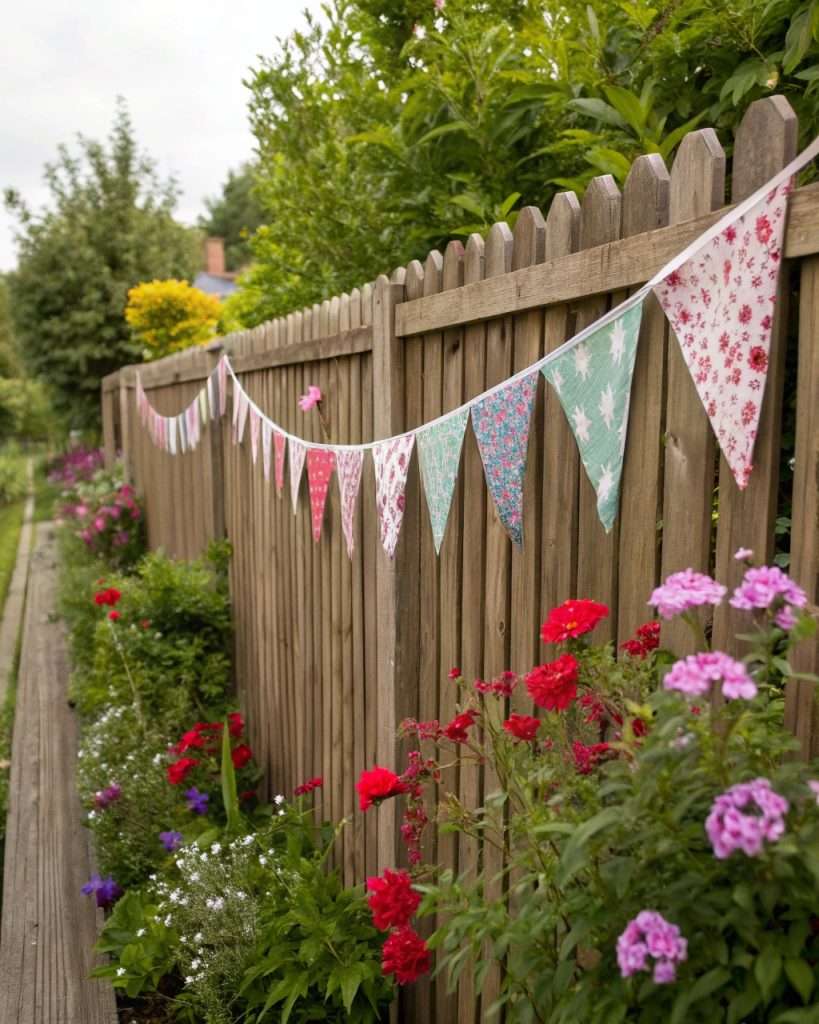 Drapeaux colorés accrochés à une clôture, apportant une ambiance festive et joyeuse.