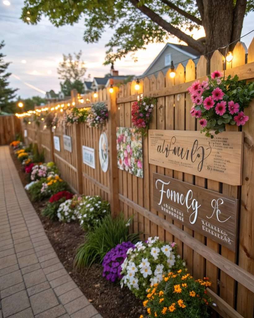 Enseignes en bois personnalisées accrochées à une clôture, ajoutant une touche unique.