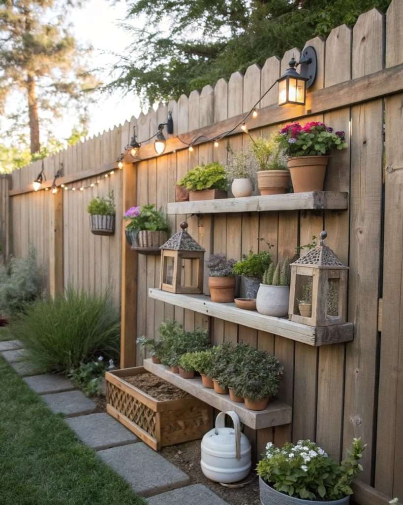 Étagères en bois fixées à une clôture, exposant des plantes en pots de différentes tailles.
