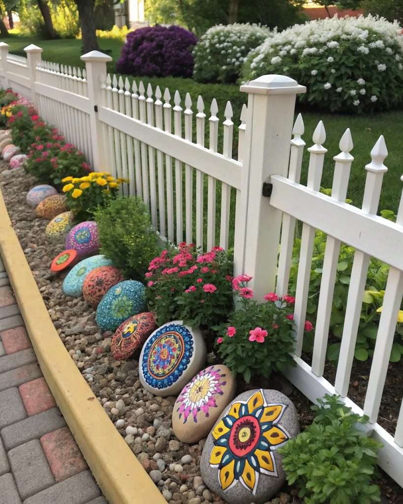 Galets peints de couleurs vives disposés le long d'une clôture, ajoutant une touche créative.