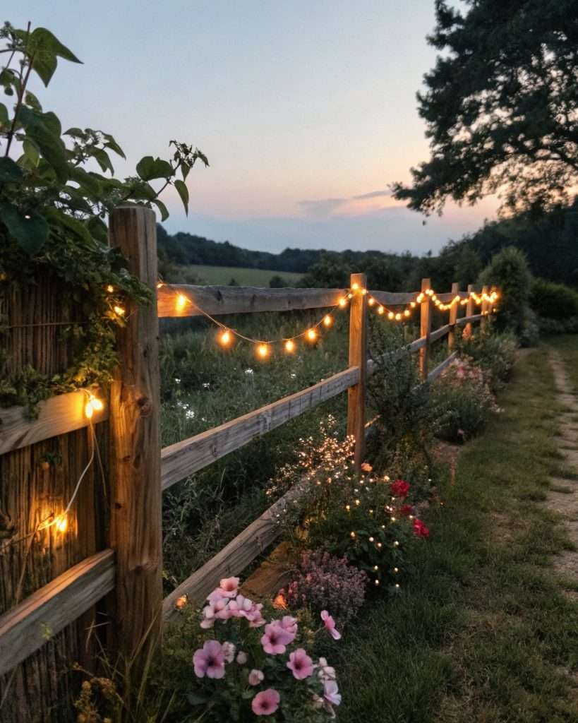 Clôture en bois décorée de guirlandes lumineuses pour une ambiance chaleureuse et magique.