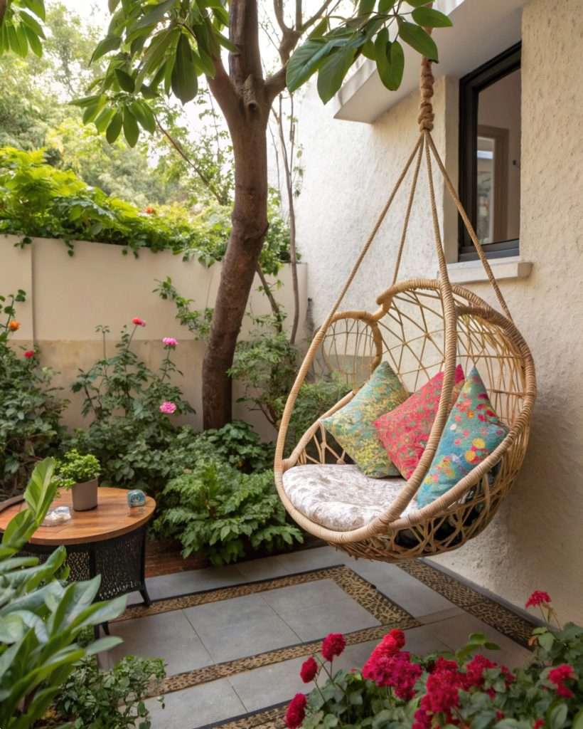 Hamac ou chaise suspendue dans une petite cour.