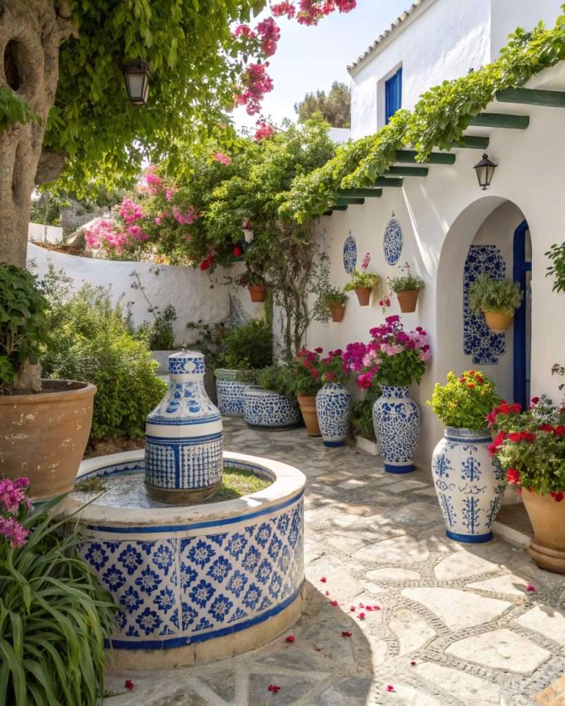 Jardin méditerranéen avec accents bleu et blanc.