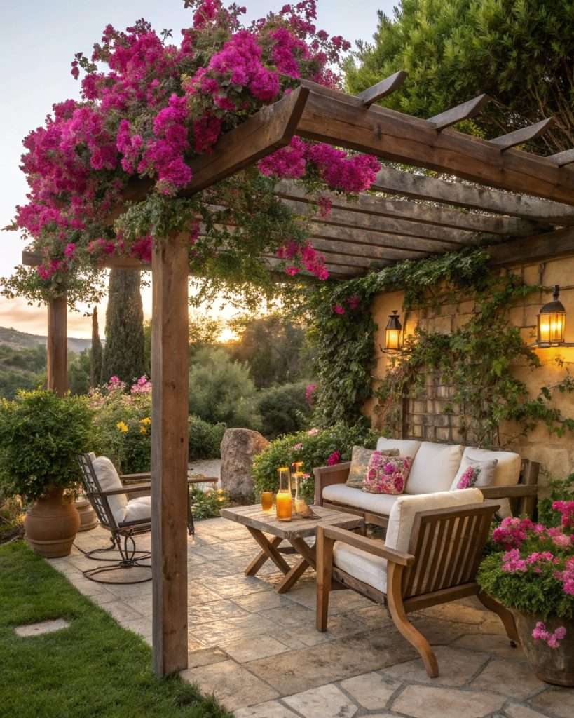 Jardin méditerranéen avec pergola ombragée.