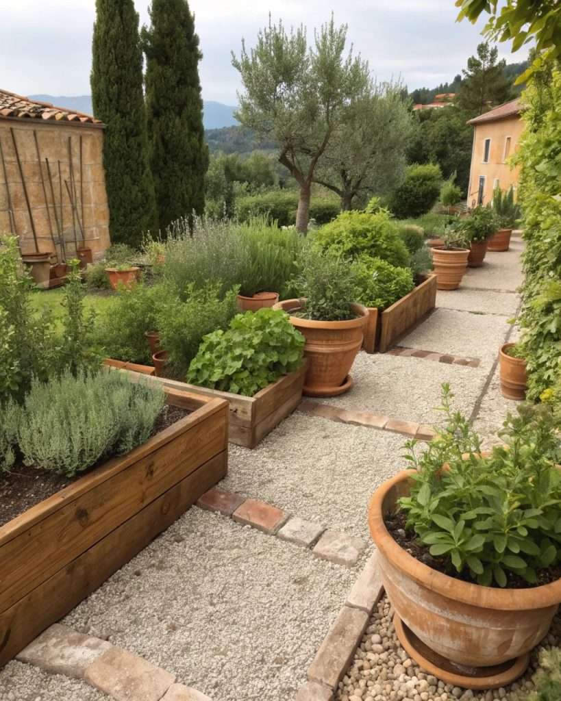 Jardin méditerranéen avec herbes aromatiques.