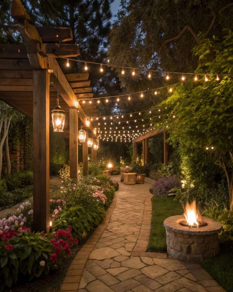 Jardin méditerranéen avec éclairage d'ambiance.