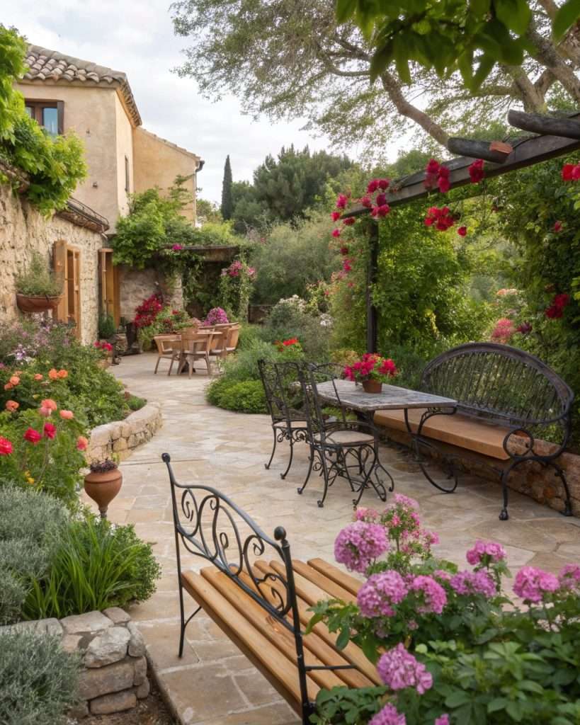 Jardin méditerranéen avec mobilier en bois et fer forgé.
