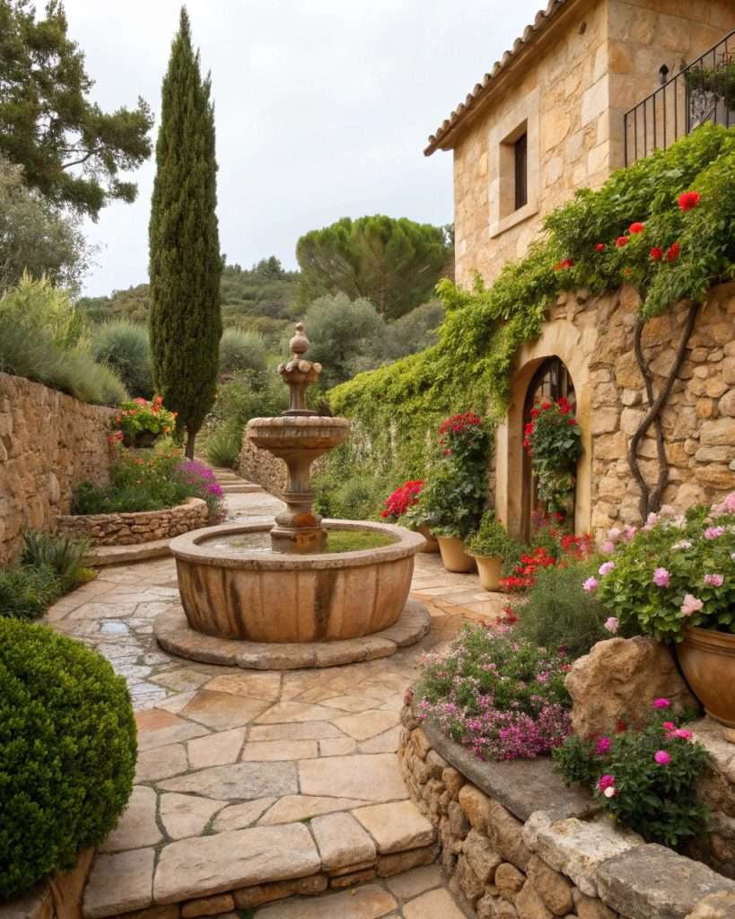 Jardin méditerranéen avec éléments en pierre naturelle.
