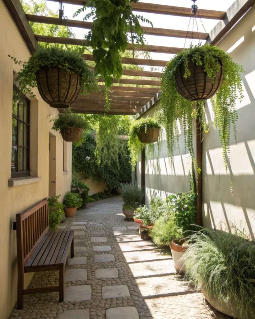 Jardinières suspendues dans une petite cour.