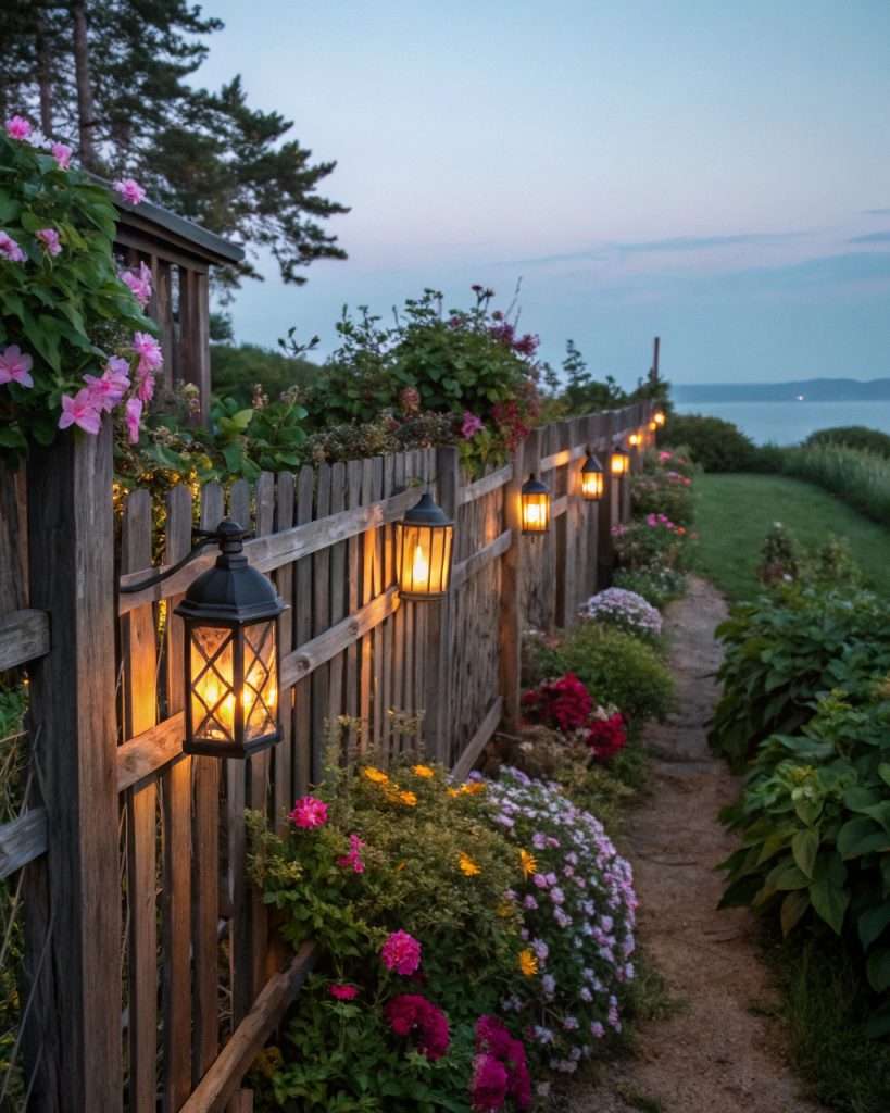 Lanternes accrochées à une clôture, créant une ambiance chaleureuse et romantique.