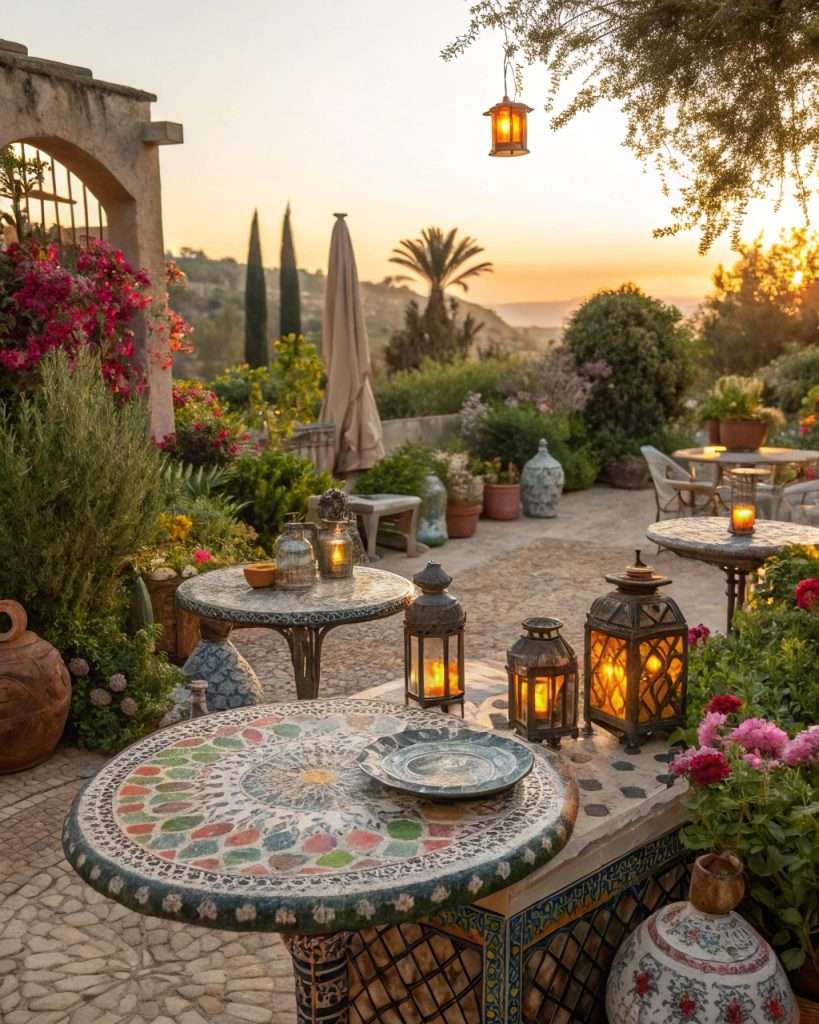 Jardin méditerranéen avec décorations en céramique et lanternes.
