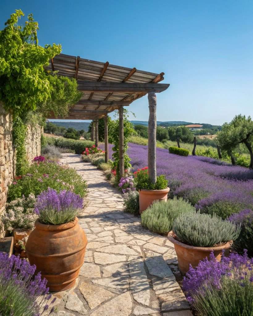 Jardin méditerranéen avec lavande, pots en terre cuite et pergola en bois.