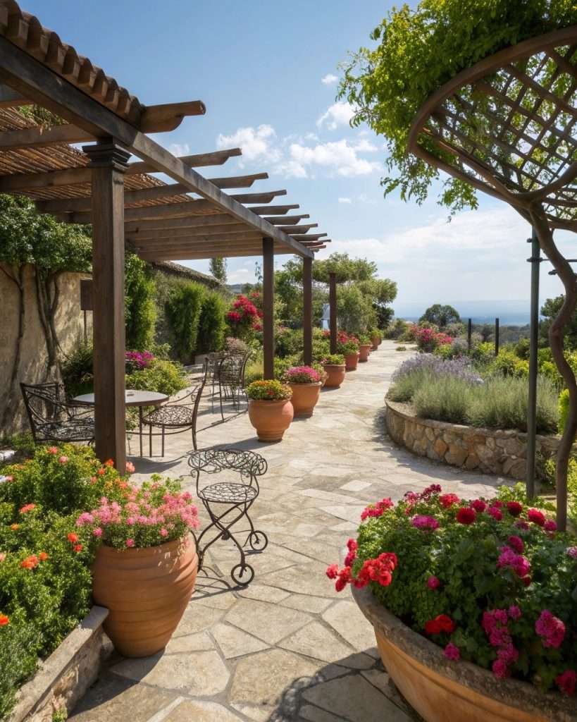 Jardin méditerranéen avec allées en pierre et pots en terre cuite.