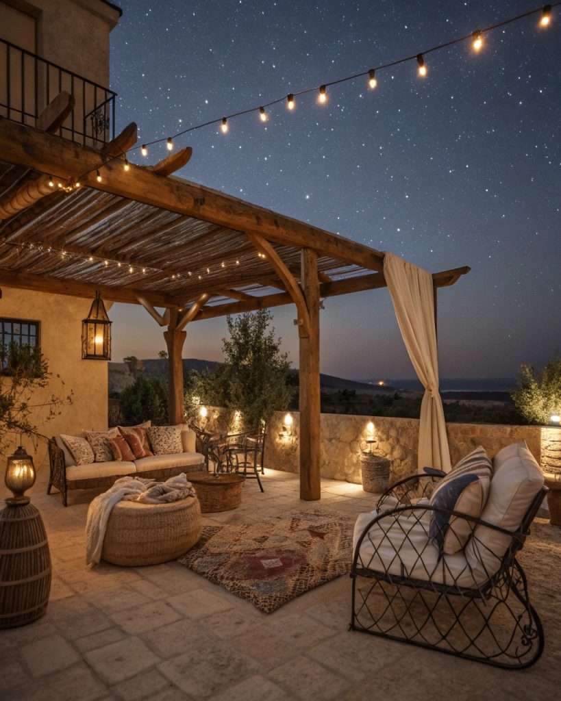 Espace détente méditerranéen avec pergola et lumières décoratives.