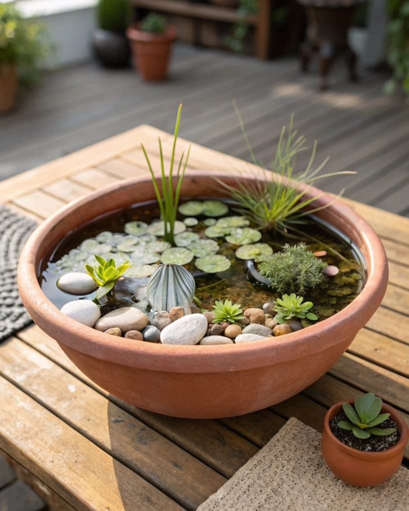 Mini bassin de jardin dans un pot de fleur.
