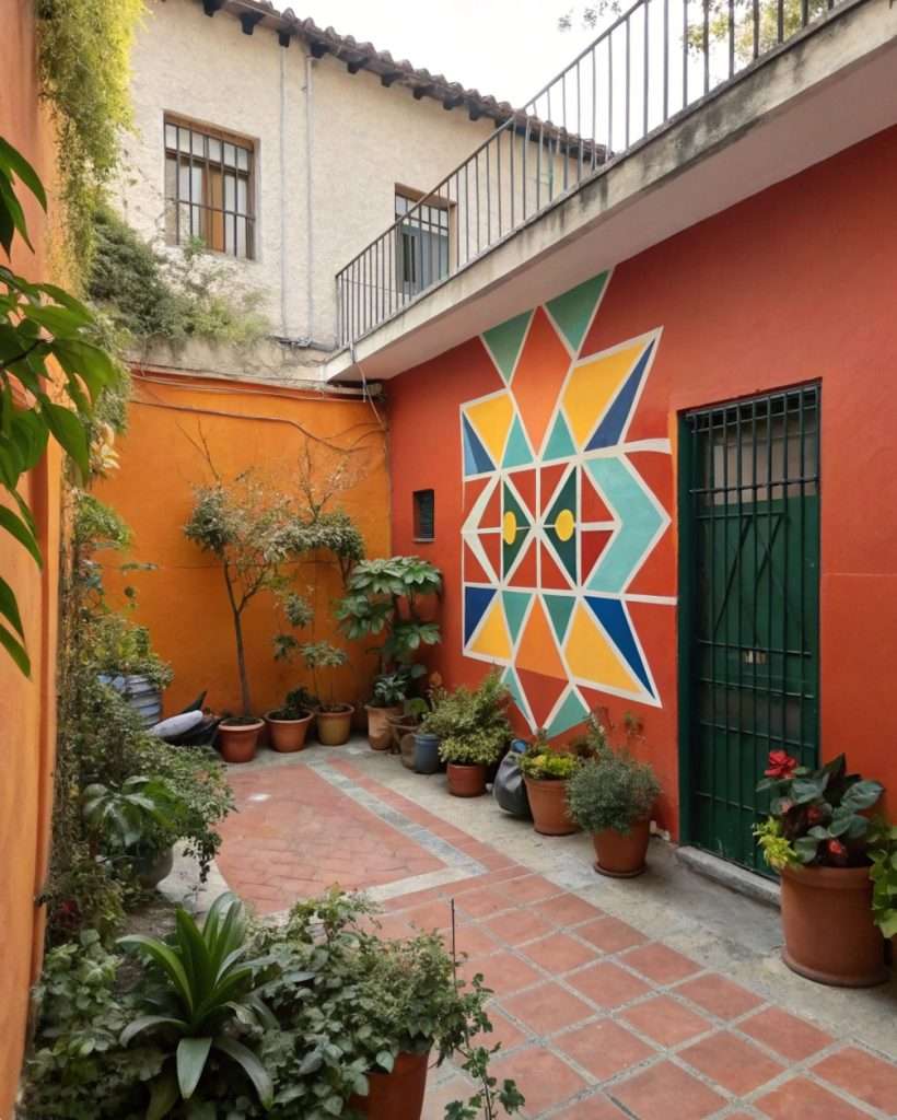 Mur coloré avec des plantes dans une petite cour.