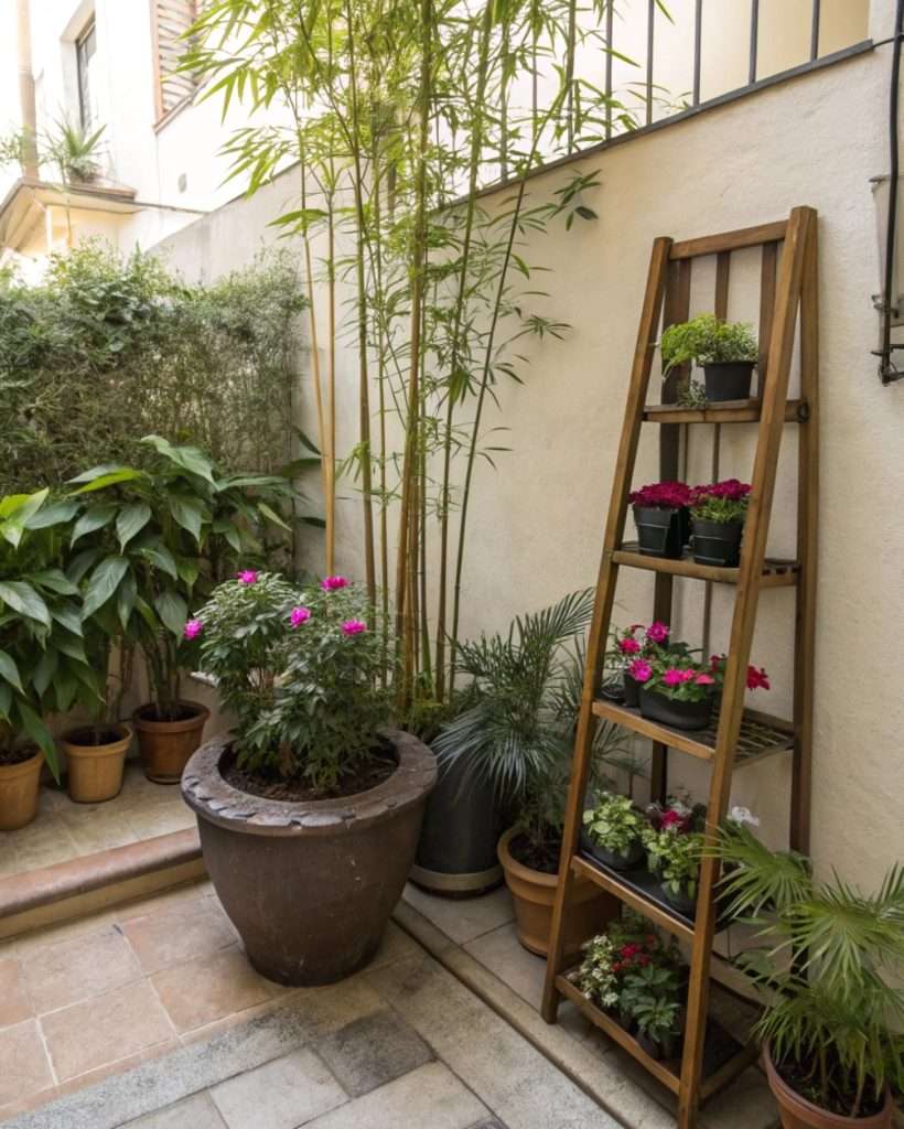 Plantes en pot de différentes hauteurs dans une petite cour.