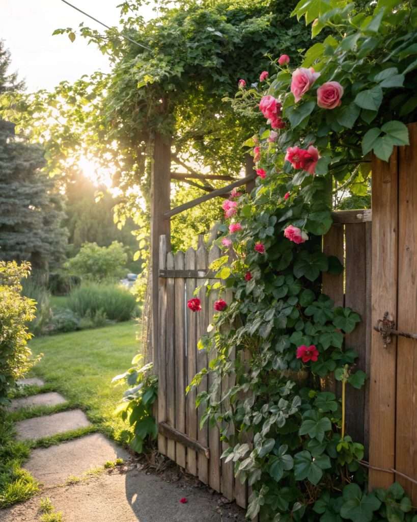 Clôture recouverte de plantes grimpantes luxuriantes, créant un mur végétal naturel.
