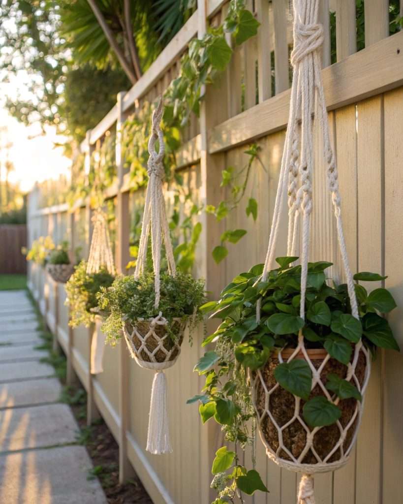 Clôture décorée de pots suspendus en macramé avec des plantes retombantes.