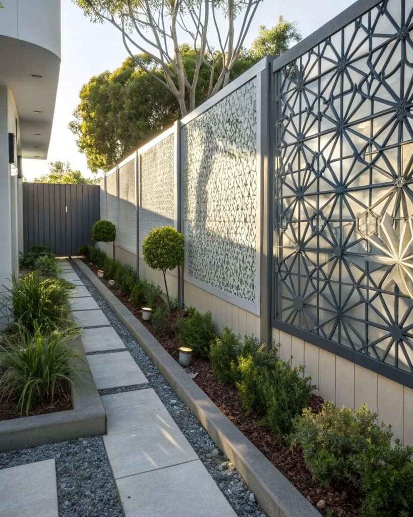 Sculptures métalliques modernes accrochées à une clôture, ajoutant une touche contemporaine.