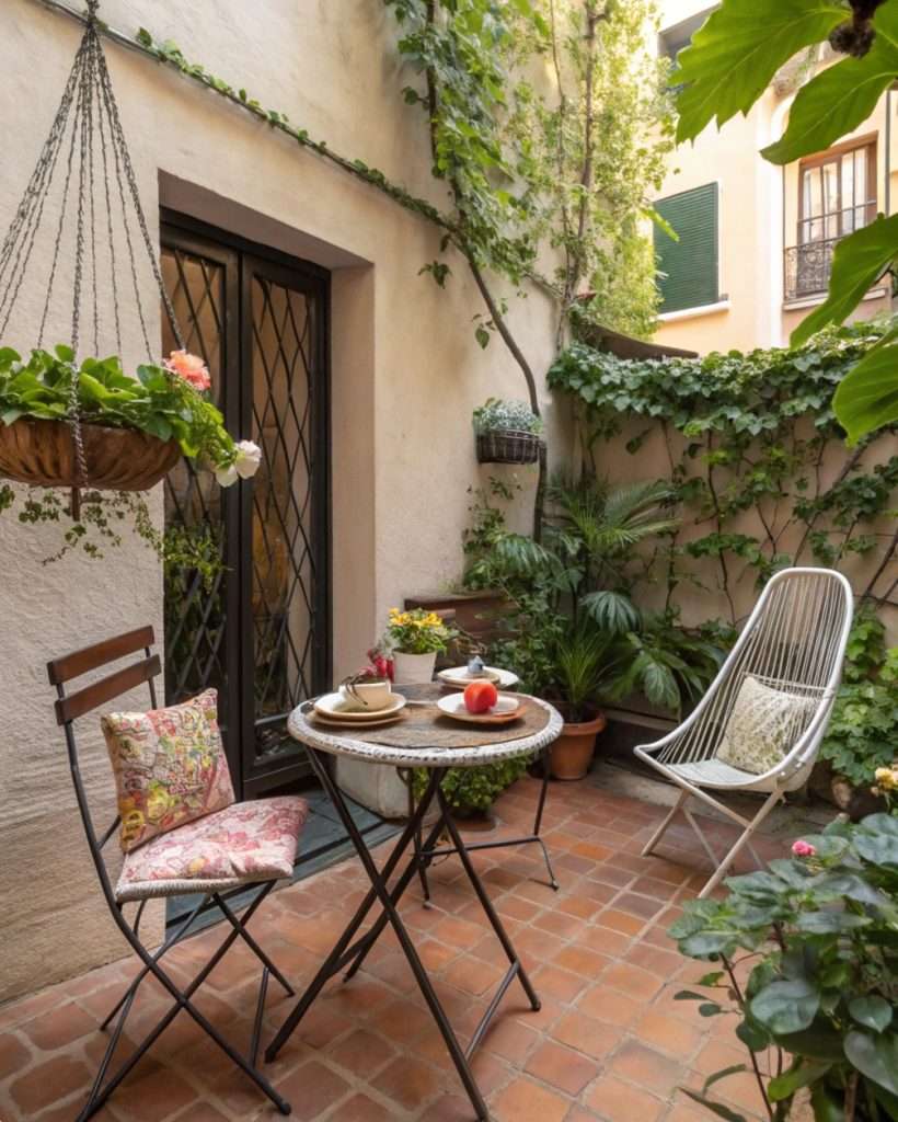 Table pliante pour repas en extérieur dans une petite cour.