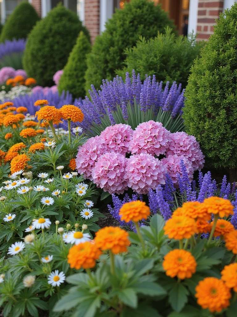 des arbustes et des fleurs variés