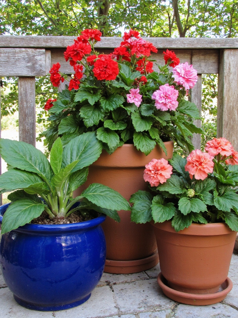 géraniums audacieux dans des contenants colorés