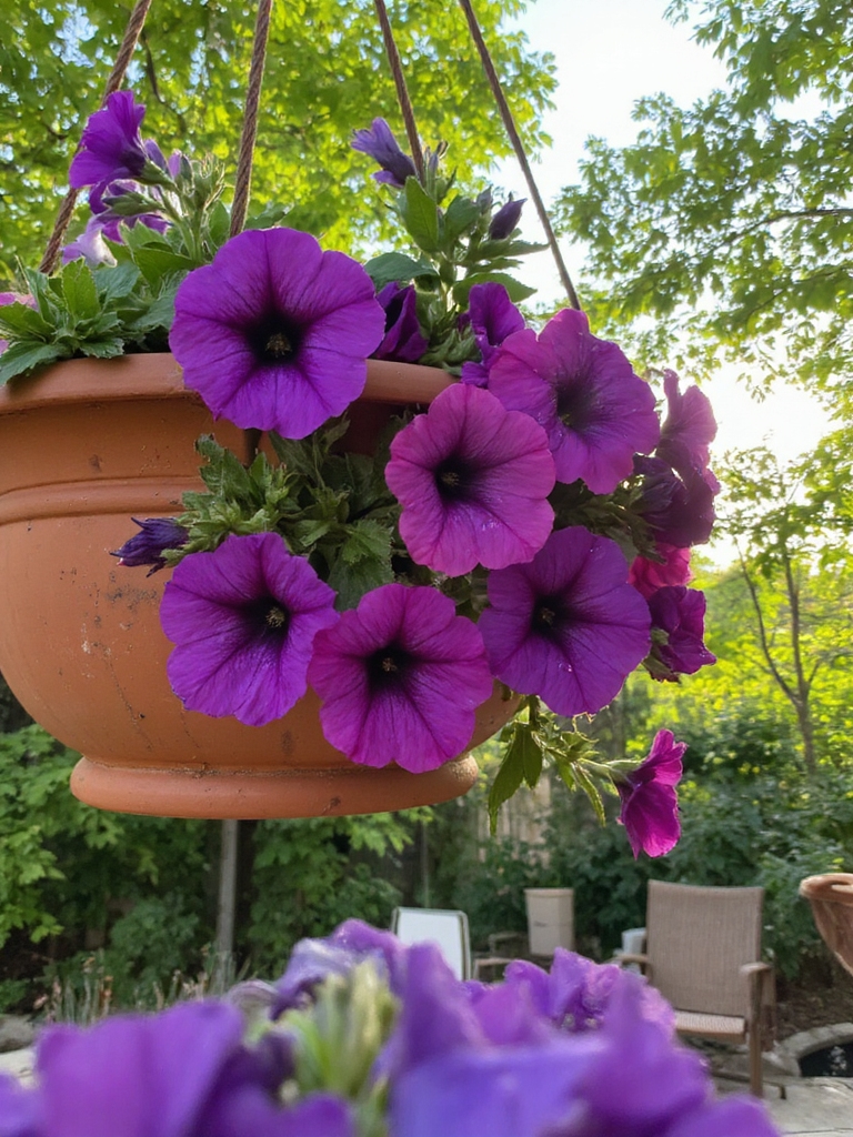 des pétunias vibrants dans des paniers