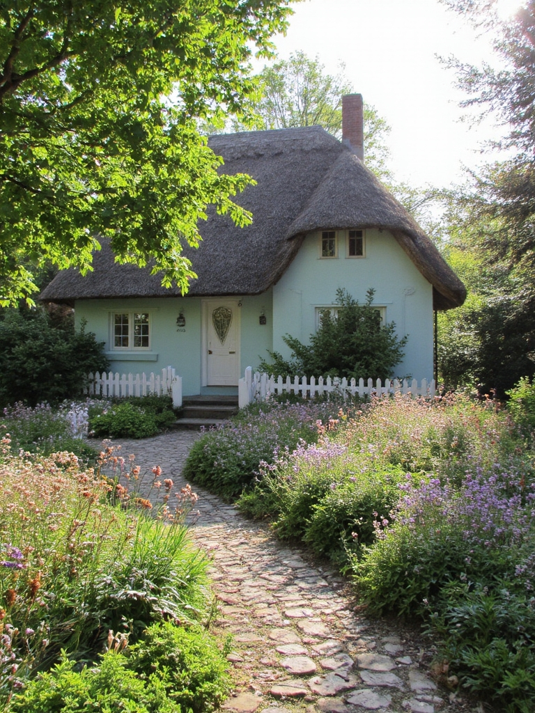chaumière pastel au toit de chaume
