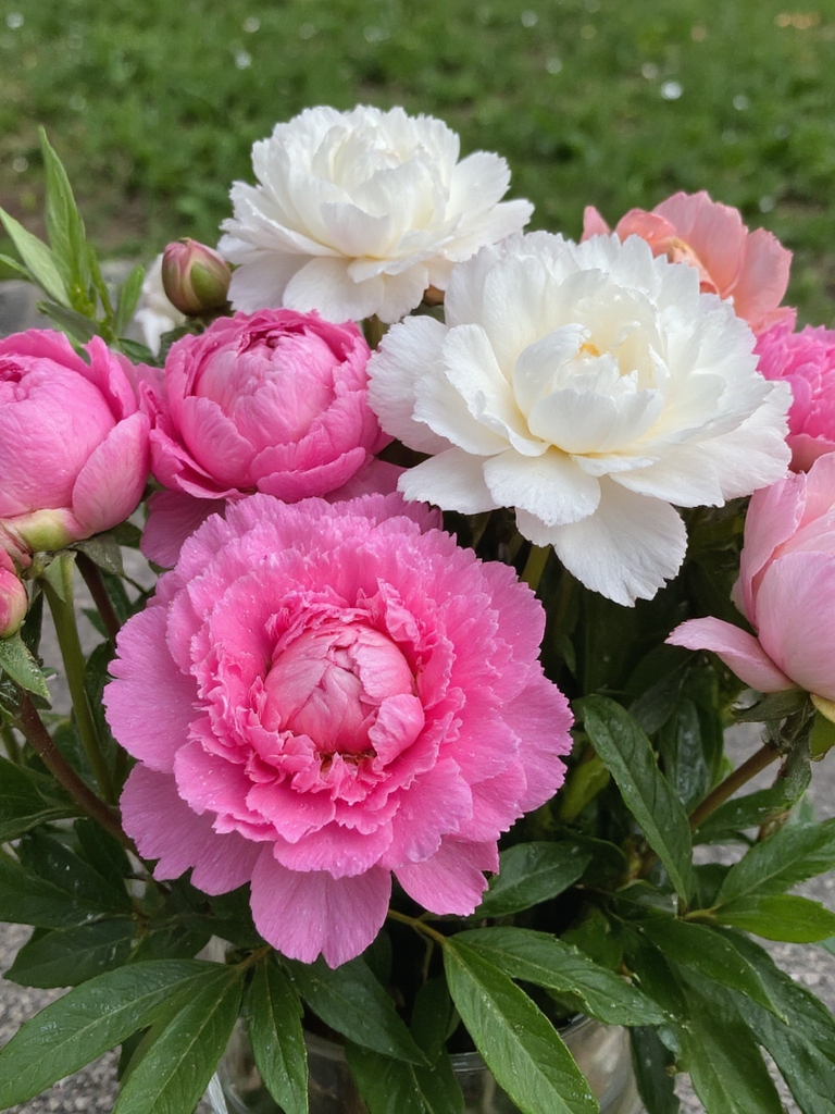 pivoines et verdure combinées