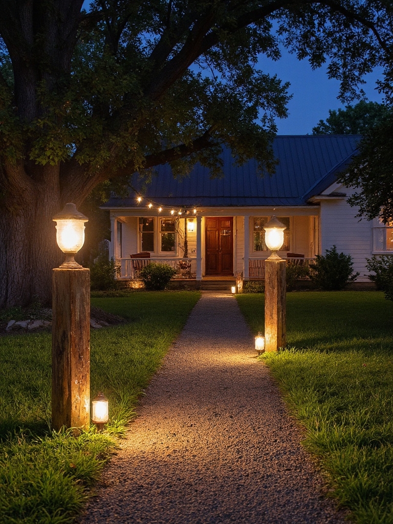 Des lampes rustiques illuminent les chemins