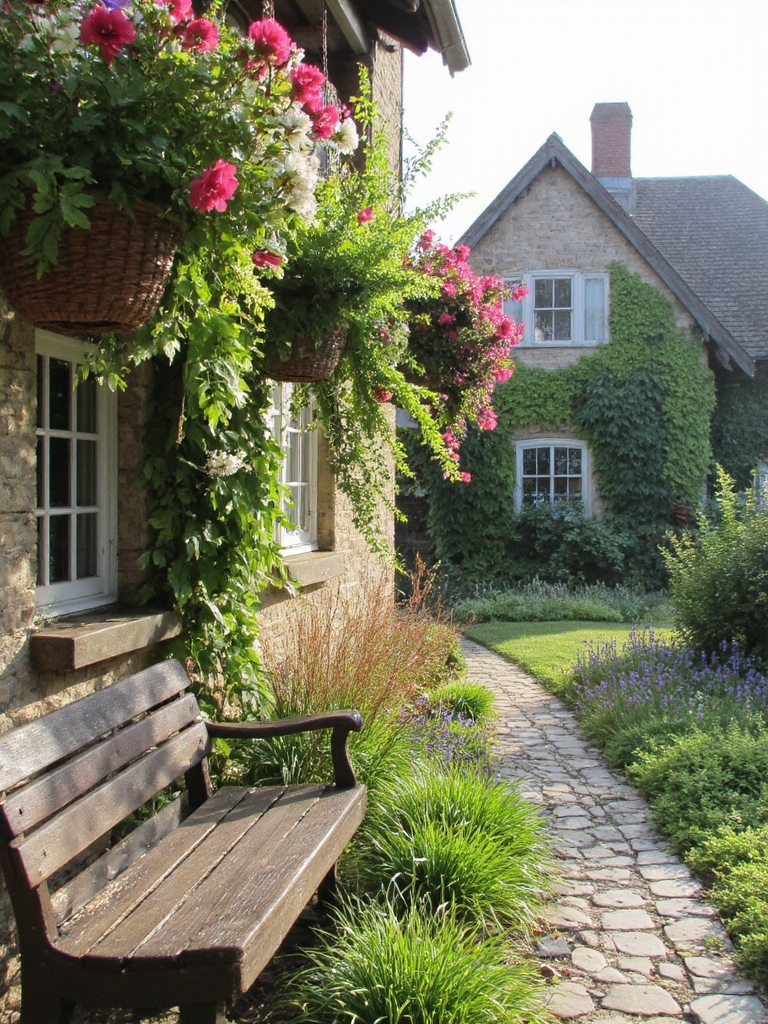 bancs en bois et paniers suspendus