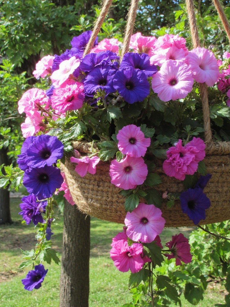 panier suspendu avec des pétunias