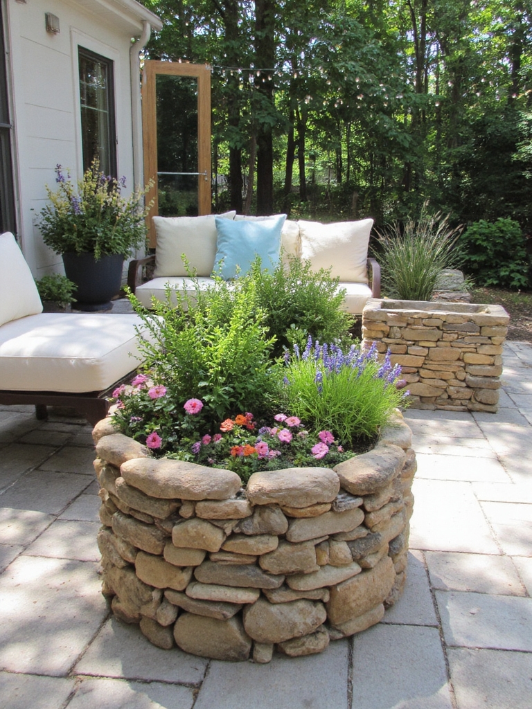 bac à fleurs en pierre empilée