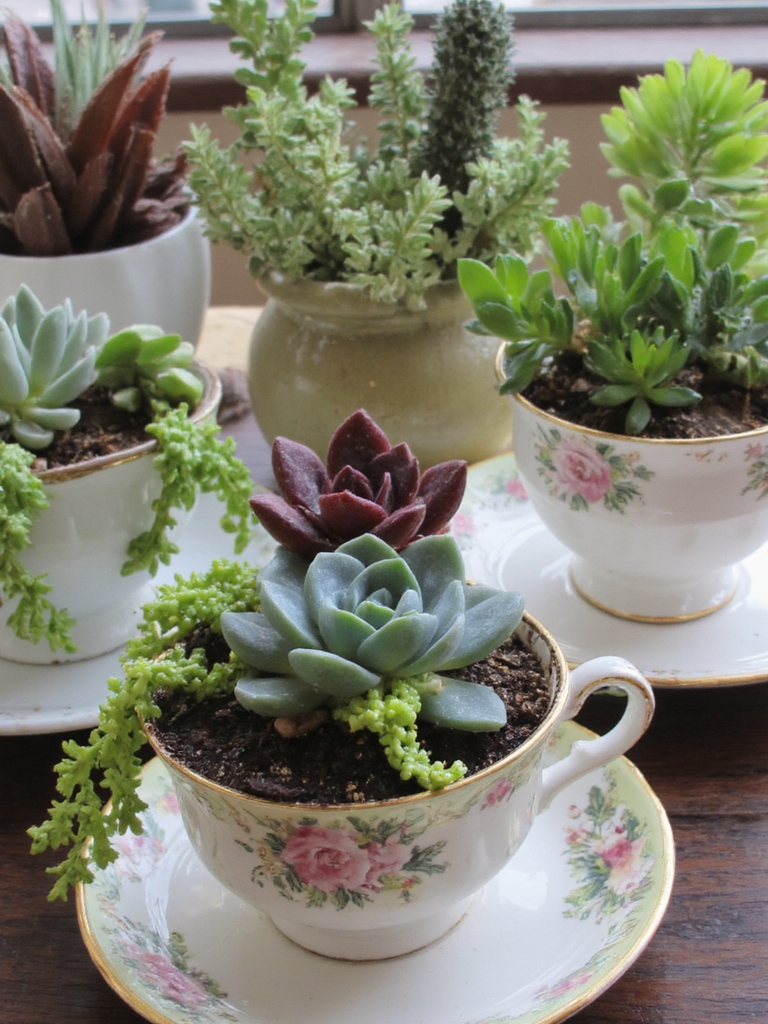 Les succulentes dans des tasses à thé