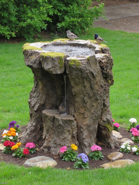 abreuvoir pour oiseaux en souche d'arbre recyclée