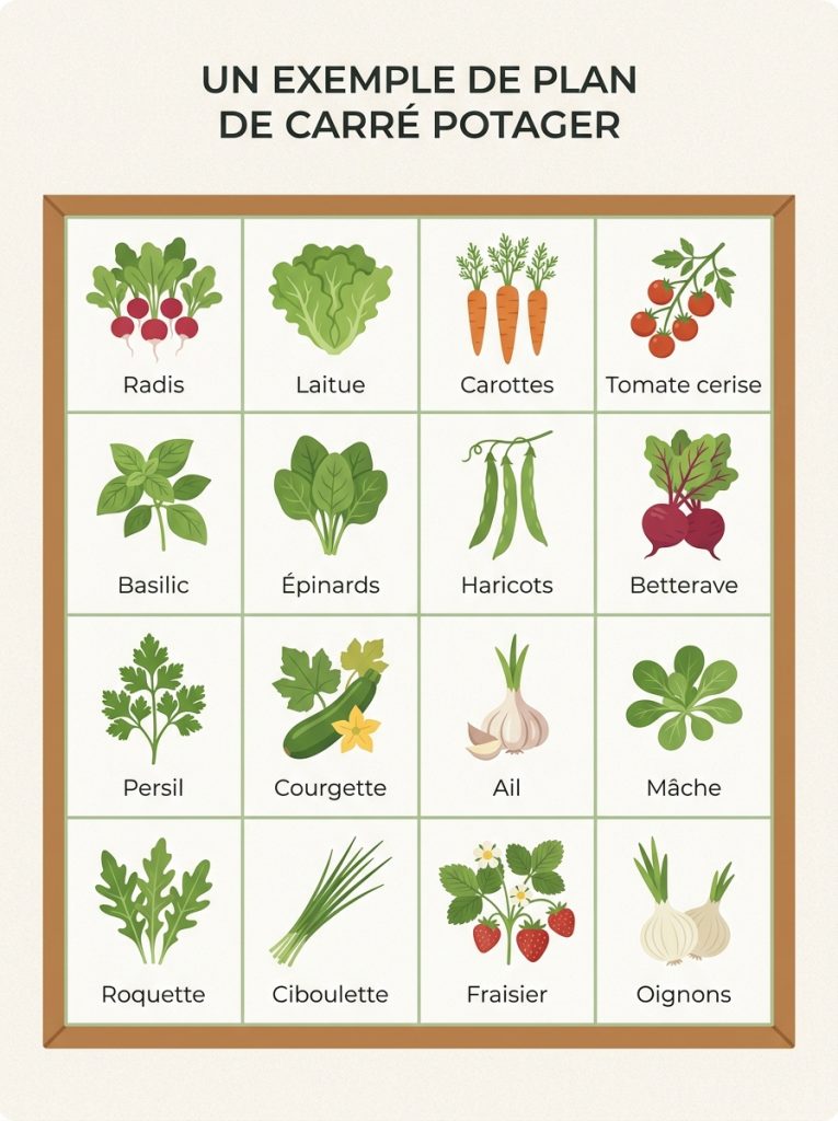 Infographie d'un plan de carré potager de 16 cases avec un légume par case