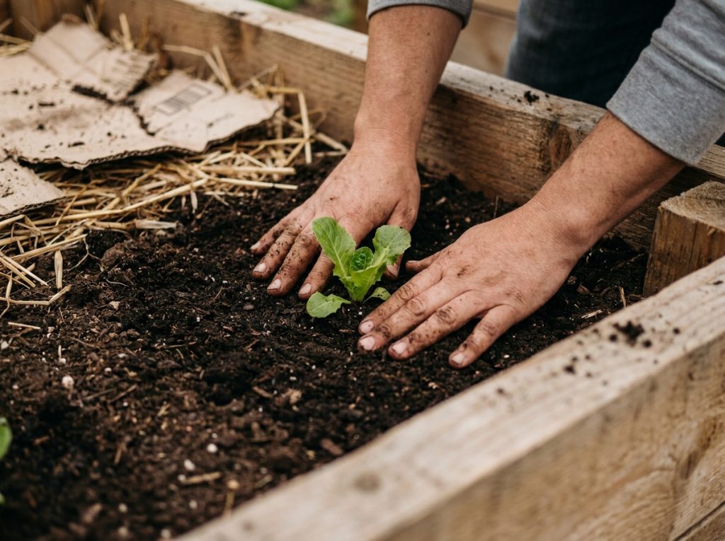 Plantation de jeunes salades dans la terre d'un carré potager