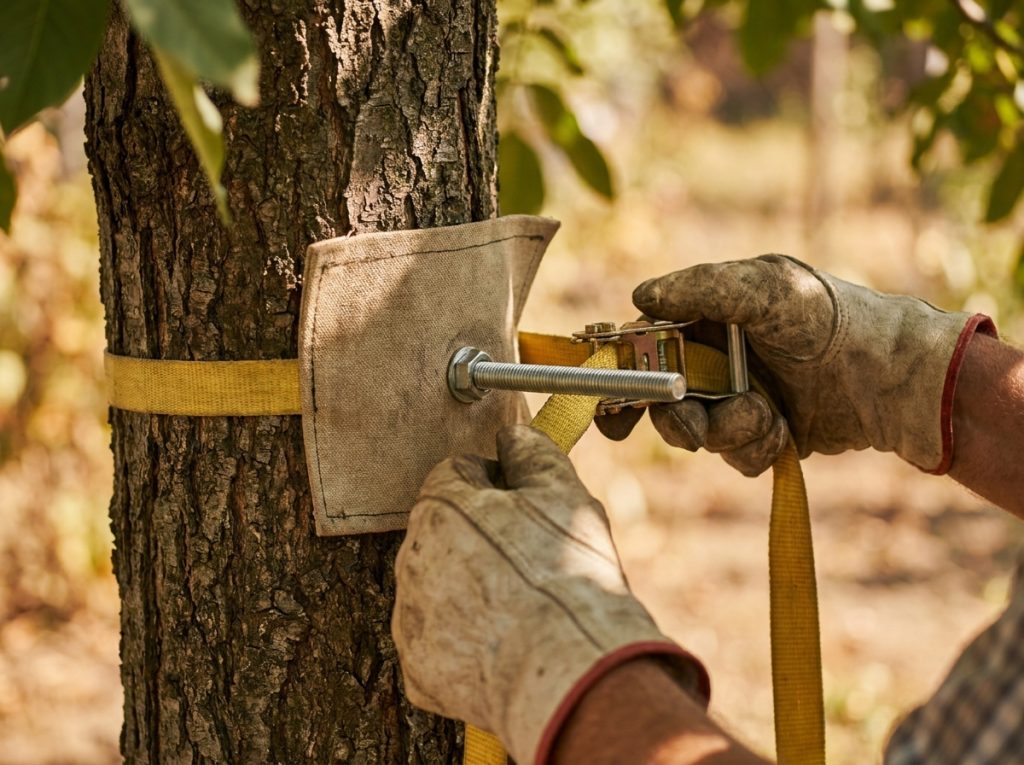 Sangle à cliquet et tige filetée maintenant un tronc d'arbre fendu