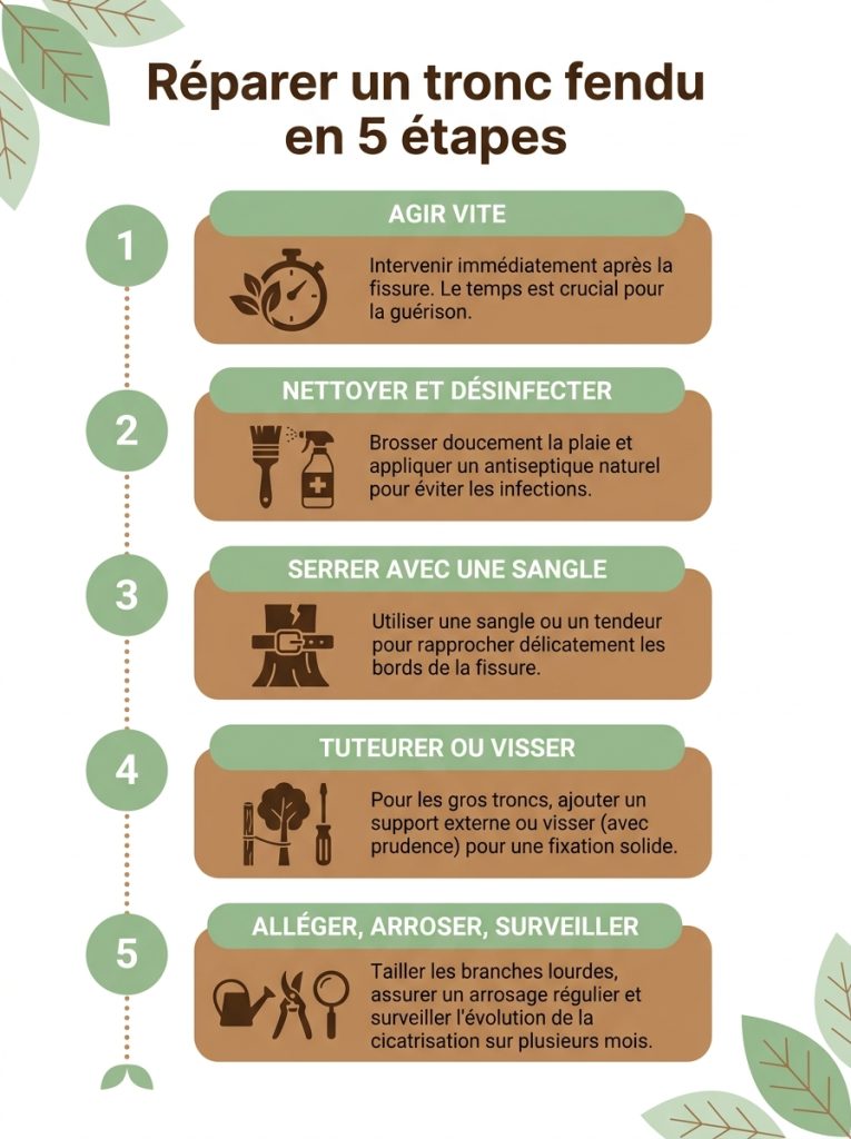 Infographie résumant les 5 étapes pour réparer un tronc d'arbre fendu