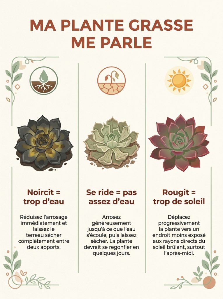 Infographie des trois signaux d'une plante grasse : trop d'eau, manque d'eau, excès de soleil