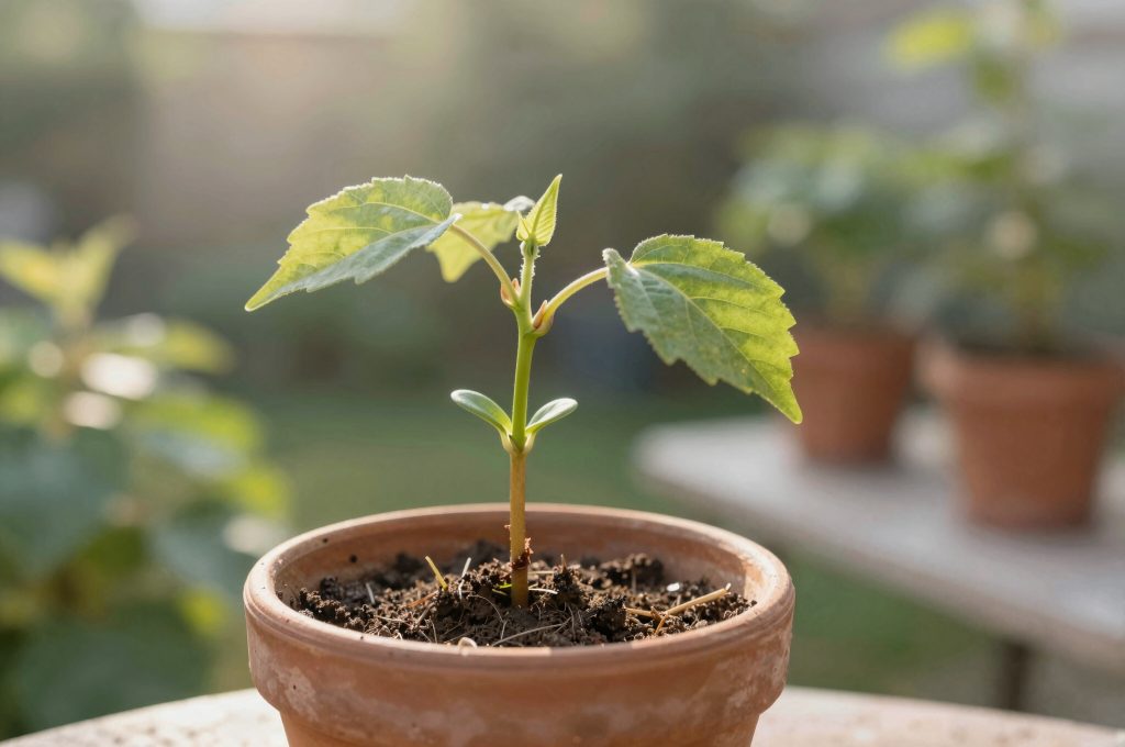 Jeune plant d'abricotier issu d'un noyau poussant en pot sur une terrasse ensoleillée